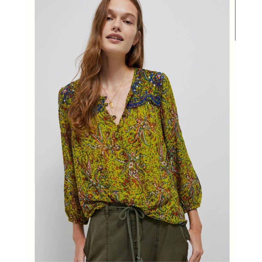 Anthropologie Priya Beaded Embroidered Floral Paisley Blouse Top Boho XL